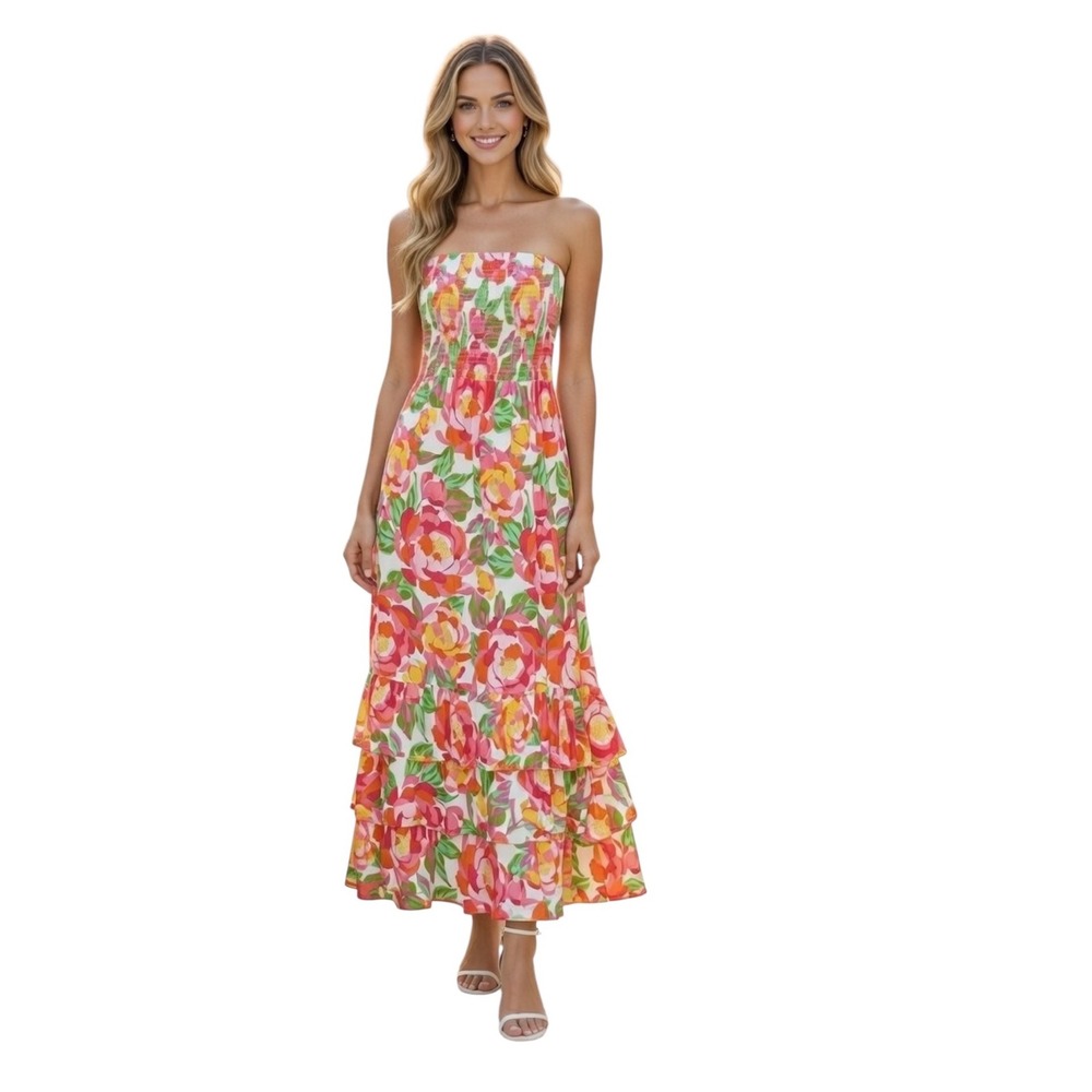 Abel the Label Dress Sz Small‎ Strapless Floral Smocked Tiered Maxi Pink Orange